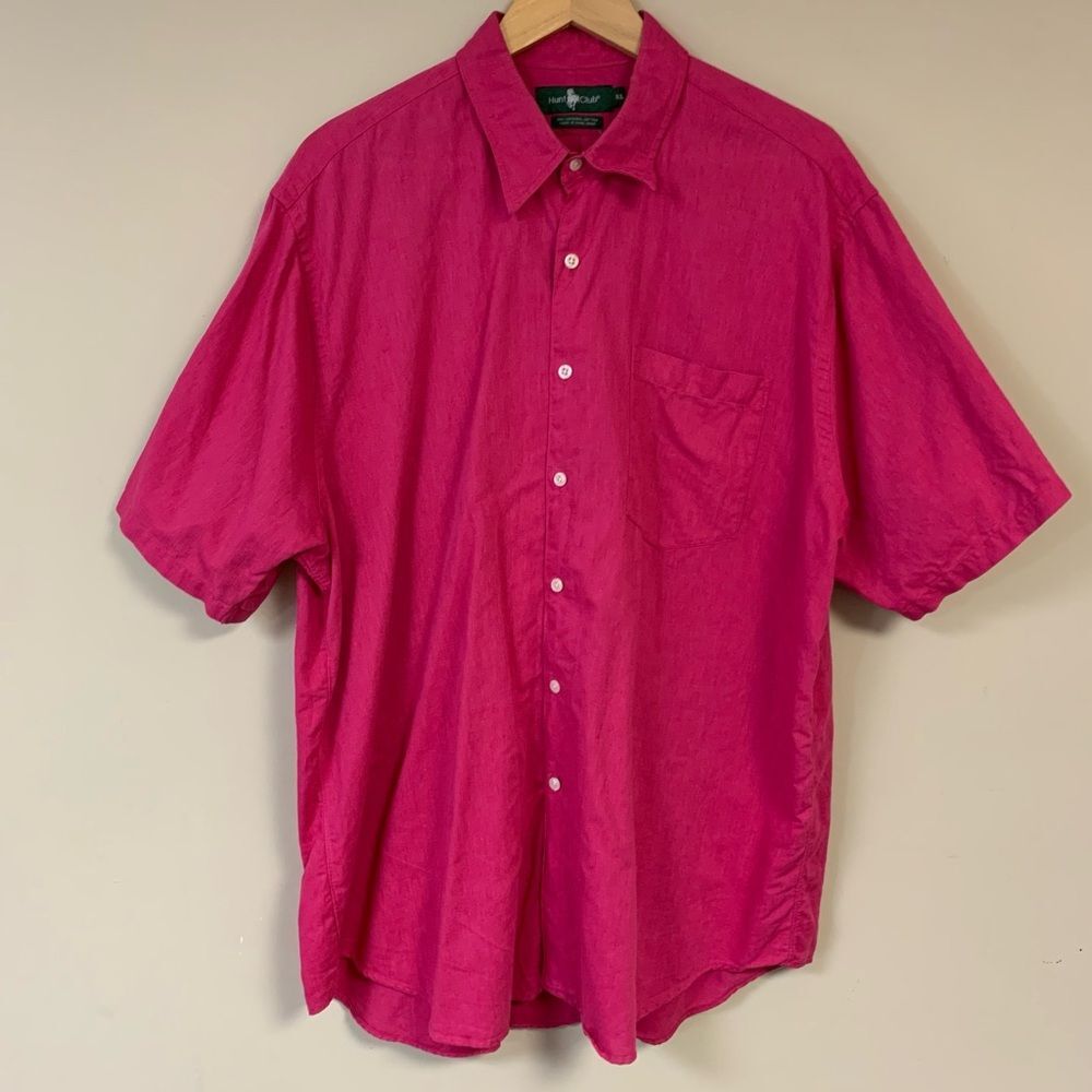 Vintage Linen Shirt Men’s XL Fuchsia Pink Collared Button Down Top Casual Summer